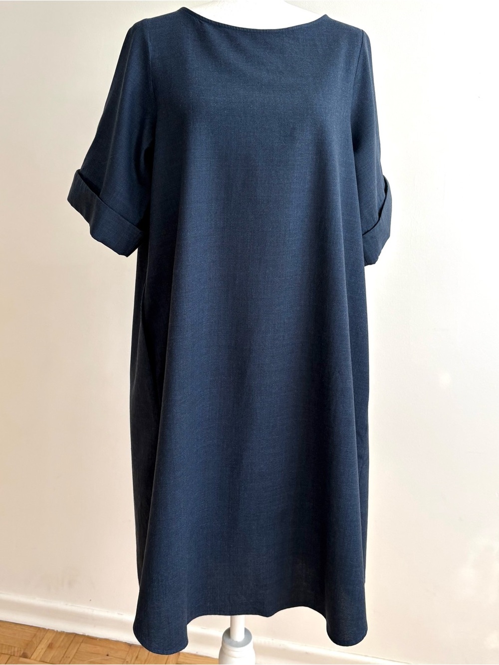 COS Wool Midi Cacoon Dress with Short Sleeves, Midnight Blue US 8